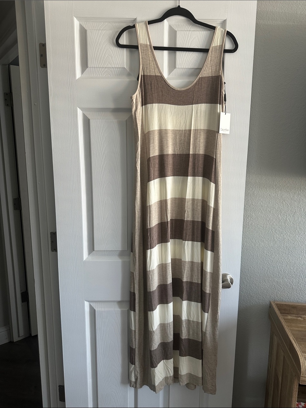 Calvin Klein Cream and Brown Striped Maxi Tank Dress